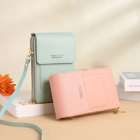 Sac pour Téléphone Portable à Écran Tactile pour Femmes Bandoulière en Cuir PU Petite Pochette Portefeuille Texture Litchi