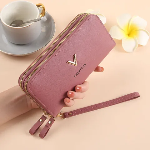 Portefeuille Long à Double Fermeture Éclair pour Femmes Motif Litchi en Cuir PU Pochette Grande Capacité Sac de Téléphone Avec Dragonne