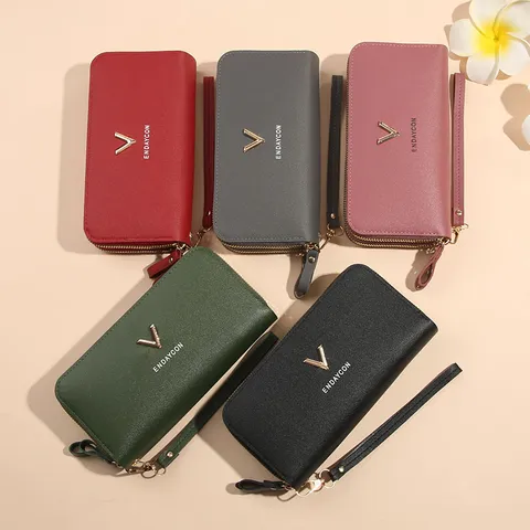 Portefeuille Long à Double Fermeture Éclair pour Femmes Motif Litchi en Cuir PU Pochette Grande Capacité Sac de Téléphone Avec Dragonne