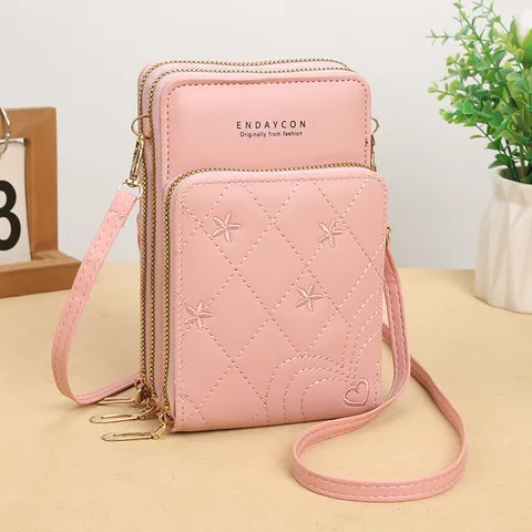 Borsa per Cellulare da Donna in Pelle PU Alla Moda Mini Borsa a Tracolla Tre Tasche con Cerniera Ricamo Floreale Trapuntato Borsa Urbana Semplice