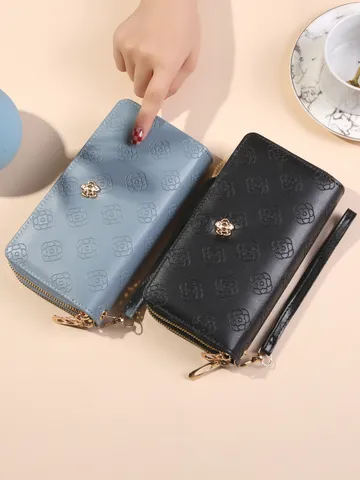 Portefeuille Long à Double Fermeture Éclair pour Femmes Grande Capacité Sac à Main Avec Dragonne Cuir PU Gaufré Camélia
