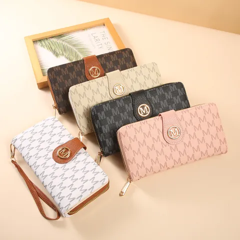 Portefeuille Long en Cuir PVC Vintage pour Femmes avec Impression de Lettres Monogramme Pochette Multi-Emplacements pour Cartes
