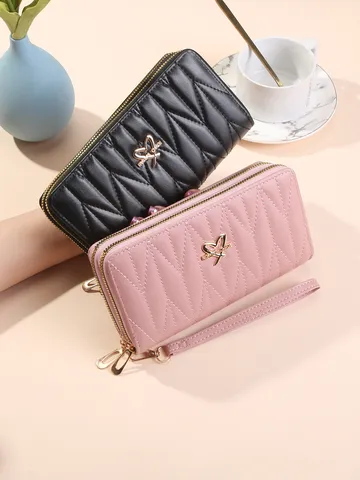 Portefeuille Long pour Femmes Style Coréen Double Fermeture Éclair Pochette Motif Losange Cuir PU Multi-Fentes pour Cartes Avec Dragonne