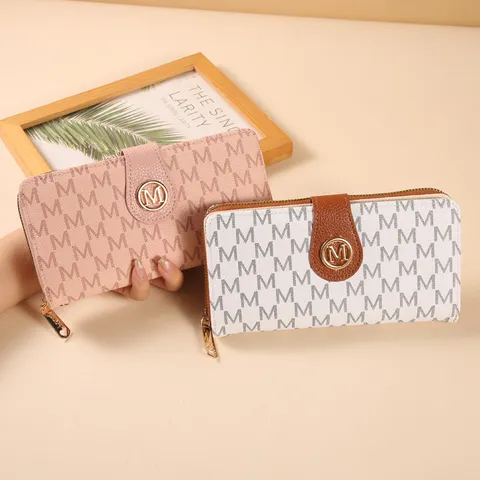 Portefeuille Long en Cuir PVC Vintage pour Femmes avec Impression de Lettres Monogramme Pochette Multi-Emplacements pour Cartes
