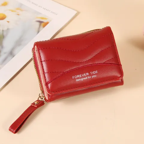 Petit Portefeuille Triplié en Cuir PU Style Coréen pour Femmes Couleur Unie Avec Surpiqûres Pochette à Monnaie Zippée Avec Dragonne