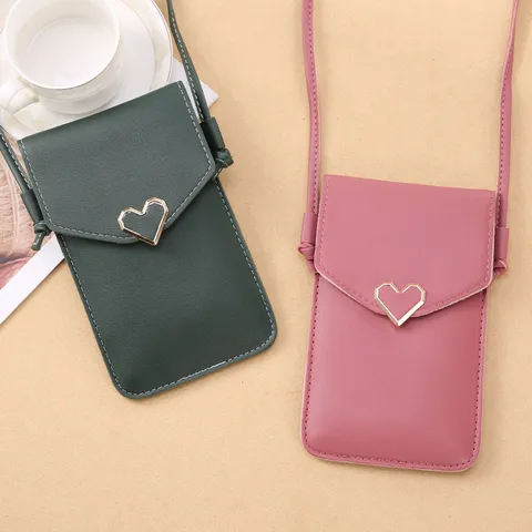 Femmes Écran Tactile Téléphone Portefeuille Sac Bandoulière Serrure Coeur Cuir PU Pochette de Téléphone Portable Mini Sac