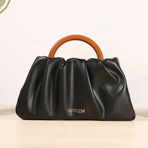 Mode Damen Plissee Handtasche Einzigartige Runde Holzgriff PU Leder Schulter Umhängetasche Minimalistische Elegante Tote Bag
