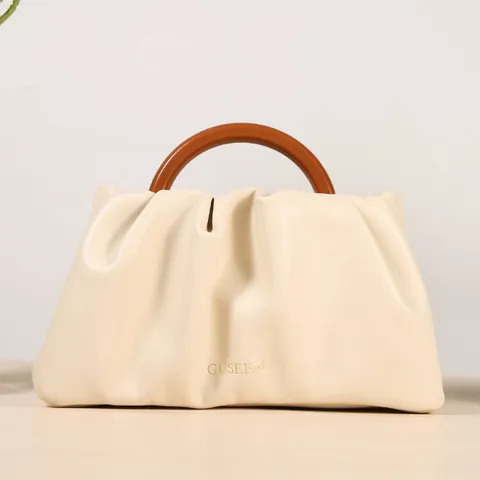 Mode Damen Plissee Handtasche Einzigartige Runde Holzgriff PU Leder Schulter Umhängetasche Minimalistische Elegante Tote Bag