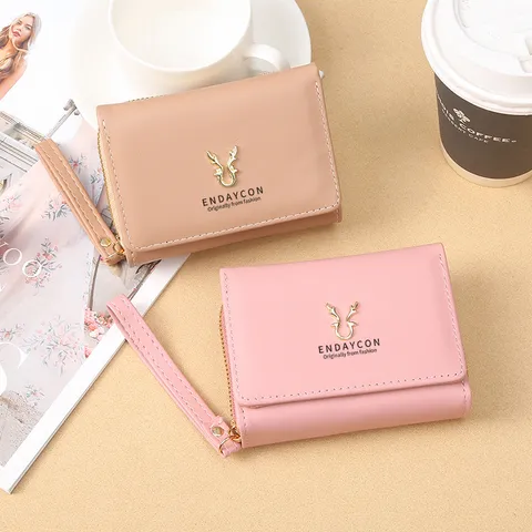 Petit Portefeuille Pliable en Cuir PU pour Femmes Avec Décoration de Bois de Cerf Mini Porte-monnaie à Fermeture éclair Pochette Mode