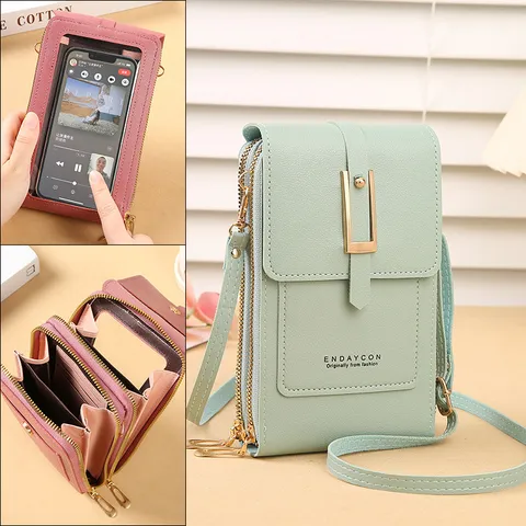 Sac de Téléphone Portable Tactile Transparent pour Femmes Petit Sac Bandoulière Vertical Portefeuille en Cuir PU Multifonction