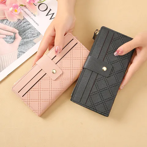 Long Portefeuille Matelassé pour Femmes en Cuir PU Mode Boucle Fermeture Éclair Pochette Multi-Fentes pour Cartes Longue Bourse