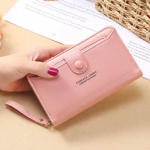 Portefeuille Long Dragonne pour Femmes Cuir PU Pochette Fermeture Éclair Grande Capacité Style Coréen Sac à Main Couleur Unie Porte-Cartes