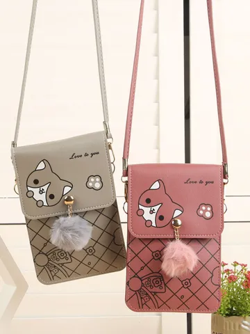 Sac de Téléphone Portable en Cuir PU Mode Femmes Couleur Contraste Carreaux Bosselé Sac à Bandoulière Avec Fenêtre Écran Tactile Pompom
