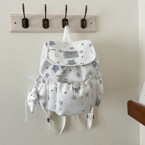 Cute Star Print Nylon Backpack Urban Minimalist Stitching Flap Cover Wear Resistant School Casual Daily Travel Shopping Bag For Teens Youth