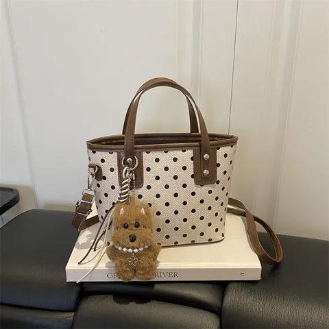 Bolso Bombonera Retro Con Lunares Para Mujer Vintage De Cuero PU Bolso De Hombro Con Colgante De Perro De Peluche Bolso De Mano Diario De Moda
