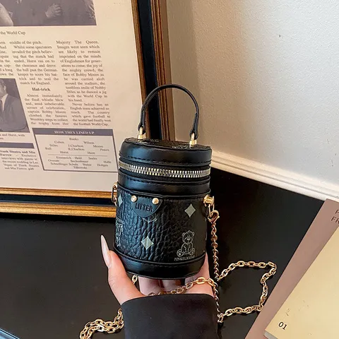 Cute Kids Mini PU Leather Bucket Bag Cartoon Bear Monogram Printing Chain Crossbody Shoulder Handbag For Princess Girls