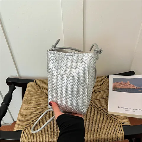 Minimalist PU Leather Handwoven Phone Bag Trendy Korean Style Crossbody Shoulder Mini Purse With Knot Strap For Women Daily Lifestyle Gift