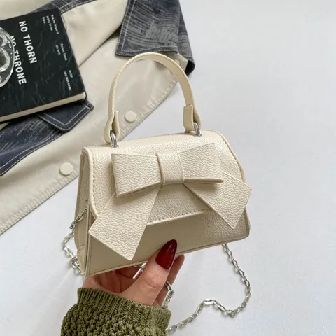 Kids Girls Cute Bow Crossbody Bag Mini PU Leather Handbag Stylish Princess Shoulder Bag Solid Color Flap Square Bag With Chain