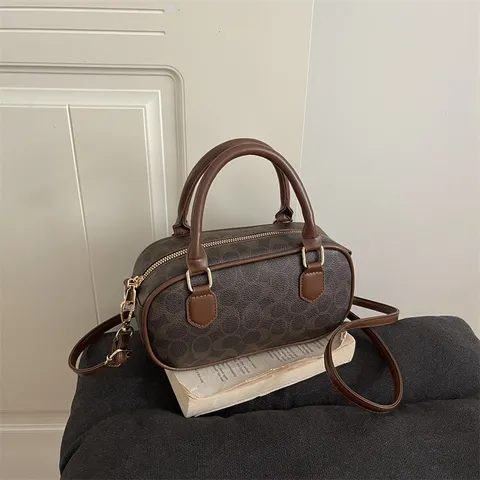 Vintage PU Leather Bowling Bag For Women Monogram Stitching Top Handle Pillow Bag Crossbody Shoulder Handbag Urban Minimalist Style