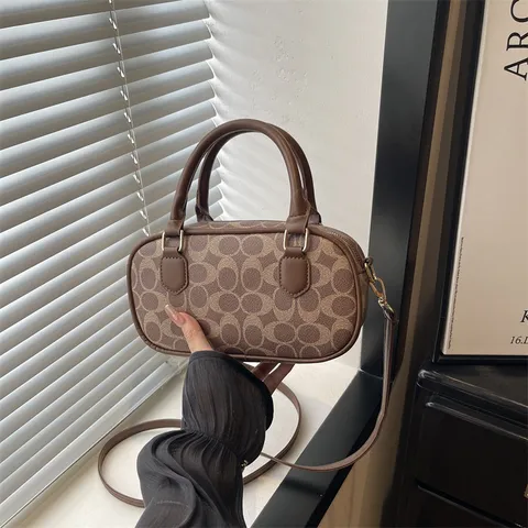 Vintage PU Leather Bowling Bag For Women Monogram Stitching Top Handle Pillow Bag Crossbody Shoulder Handbag Urban Minimalist Style