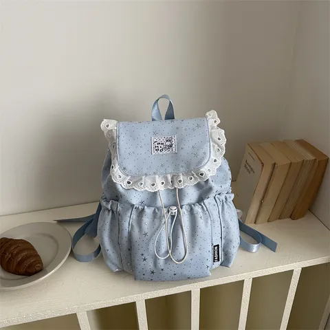Sac à Dos Doux Imprimé Étoilé Bordure en Dentelle Cordon Pour Filles École Décontracté Sac à Main Polyester Pour Adolescents Sac de Voyage