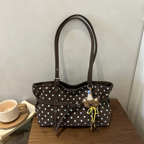 Bolso de Axila Dulce con Lunares Estilo Coreano para Mujer Bolso Tote de Cuero Sintético Gran Capacidad Con Colgante de Oso Bolso de Hombro