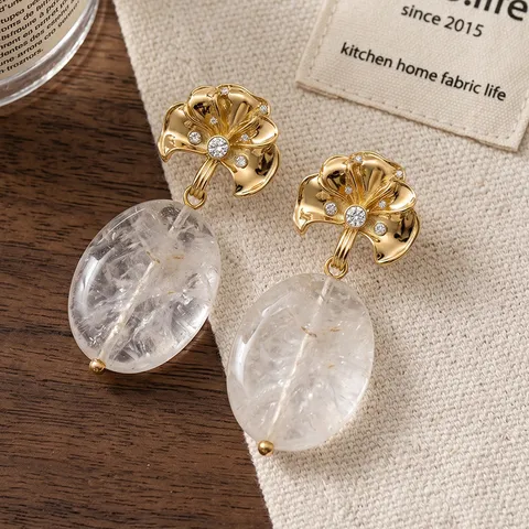 Orecchini a Goccia in Cristallo di Rocca Naturale Placcati Oro Geometrici Fiore Luna Strass Orecchini Pendenti da Donna Gioielli Design di Nicchia