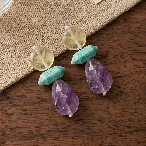 Design Originale Ametista Amazonite Orecchini a Bottone per Donna Lusso Leggero Quarzo Rosa Perno in Argento Sterling 925 Strass Orecchini Pendenti Gioielli