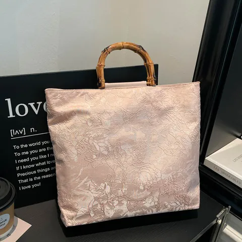 Bolso de Mano de Estilo Neo-Chino con Asa de Bambú para Mujer Vintage Tela Jacquard Borla Banquete Bolso Zen Floral Noche