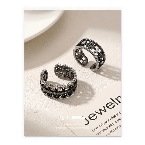 Anello Aperto Regolabile con Stella a Otto Punte e Strass in Pizzo Intagliato Stile Vintage Francese per Donna Gioielli di Lusso Squisiti in Rame