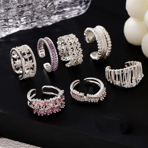 Anello Aperto Regolabile in Rame Placcato Argento 925 con Zirconia Donna Moda Chic Elegante Gioiello