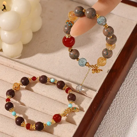 Neo-Chinesischer Stil Räucherperlen Armband Damen Roter Achat Gelber Kristall Aquamarin-Look Türkis-Look Perlenarmband Kupfer Schmuck