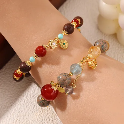 Neo-Chinesischer Stil Räucherperlen Armband Damen Roter Achat Gelber Kristall Aquamarin-Look Türkis-Look Perlenarmband Kupfer Schmuck