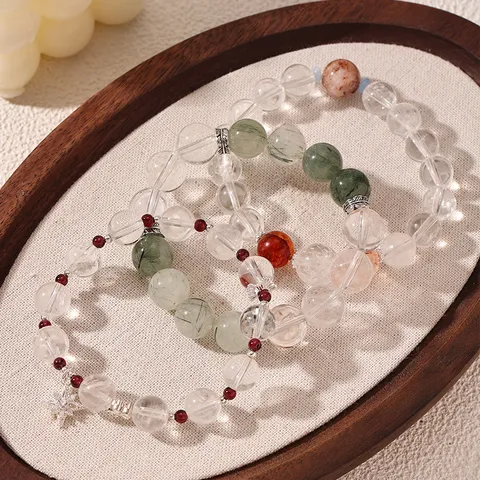 New Chinese Style Natural Stone Beaded Bracelet With Star Pendant Garnet White Crystal Green Rutilated Quartz Women Jewelry