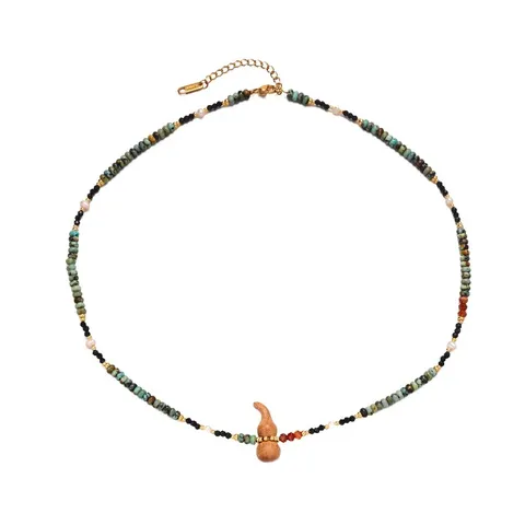 Collana con Ciondolo in Perline di Pietra Naturale in Acciaio Inossidabile Moda Cuore Zucca Legno Perla Girocollo Catena Gioielli da Donna