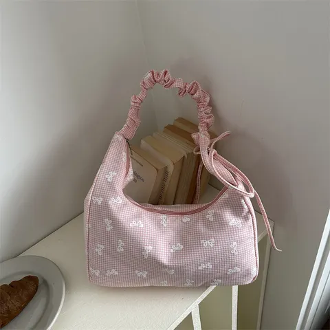 Korean Style Niche Design Bowknot Canvas Tote Bag For Women Plaid Shoulder Bag Foldable Shopping Bag Sweet Ruched Underarm Bag Fashion Casual Handbag