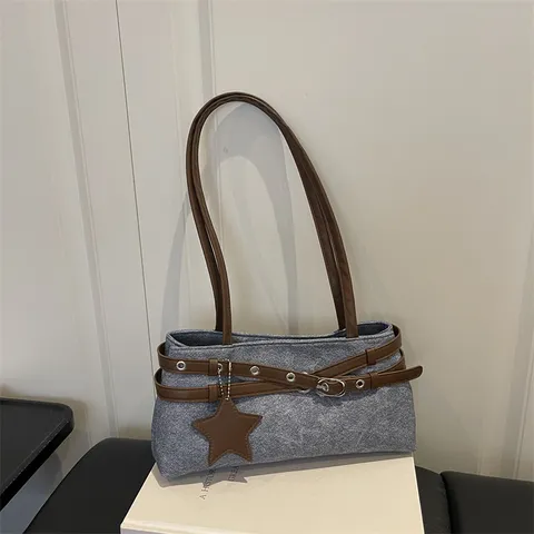 Women Retro Y2K Underarm Bag PU Leather Shoulder Purse With Belt Buckle Star Charm Urban Chic Solid Color Zipper Bag