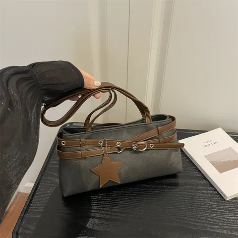 Women Retro Y2K Underarm Bag PU Leather Shoulder Purse With Belt Buckle Star Charm Urban Chic Solid Color Zipper Bag
