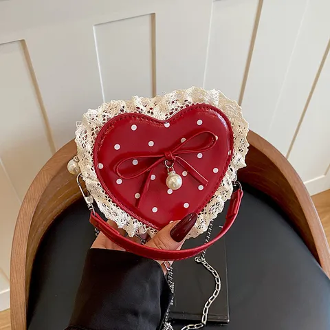 Sweet Girls PU Leather Heart Shaped Crossbody Bag Polka Dot Lace Trim Bowknot Pearl Kids Shoulder Tote Top Handle Purse Messenger Bag