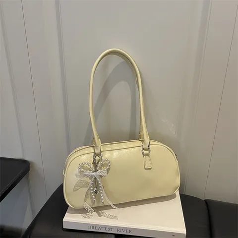 Women PU Leather Shoulder Bag Fashion Commuter Pillow Bag Small Tote Bag With Elegant Pearl Bow Pendant Daily Handbag