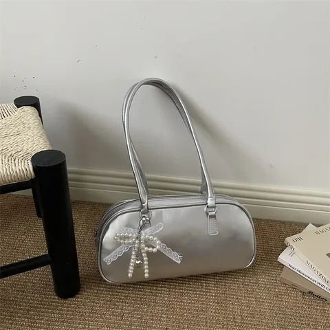 Women PU Leather Shoulder Bag Fashion Commuter Pillow Bag Small Tote Bag With Elegant Pearl Bow Pendant Daily Handbag