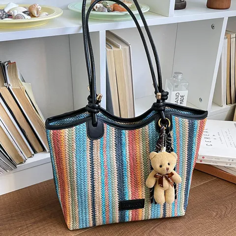 Women Large Capacity Straw Woven Tote Bag Casual Striped Shoulder Bag Summer Beach Handbag With Bear Pendant