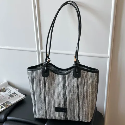 Women Large Capacity Straw Woven Tote Bag Casual Striped Shoulder Bag Summer Beach Handbag With Bear Pendant