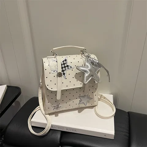 Zaino da Donna Stile Preppy con Stampa a Pois e Stelle in Pelle PU Borsa a Mano Tracolla Piccola Cartella per Ragazze