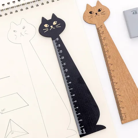 Regla Recta de Madera con Forma de Gato de Dibujos Animados Creativos Regla de Medición Linda para Oficina Escuela Estudiantes Papelería