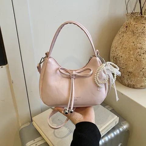 Borsa a Tracolla in Pelle PU da Donna Design di Nicchia Chic Borsa a Spalla Dolce Fiocco Pendente in Pizzo di Perle Giornaliero