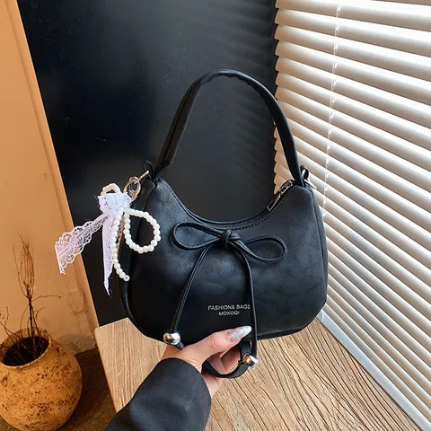 Borsa a Tracolla in Pelle PU da Donna Design di Nicchia Chic Borsa a Spalla Dolce Fiocco Pendente in Pizzo di Perle Giornaliero