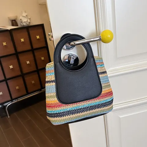 Borsa Intrecciata in Paglia a Righe Arcobaleno Moda Donna Borsa Casual Estiva Piccola Borsa a Secchiello Borsa Tote da Viaggio Quotidiano