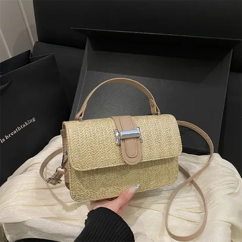 Womens Fashion Straw Woven Small Square Bag Summer Niche Design Metal Lock Shoulder Crossbody Handbag Casual Vacation Bag