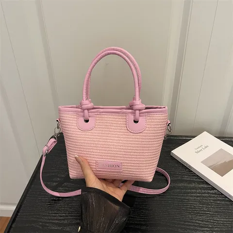 Womens Straw Bucket Bag Beach Casual Woven Handbag Stylish Knot Crossbody Bag Daily Versatile Shopper Purse